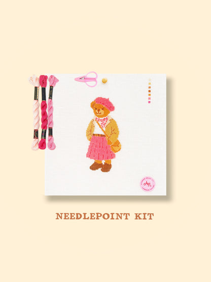 Pink Beret Bear Needlepoint Kit